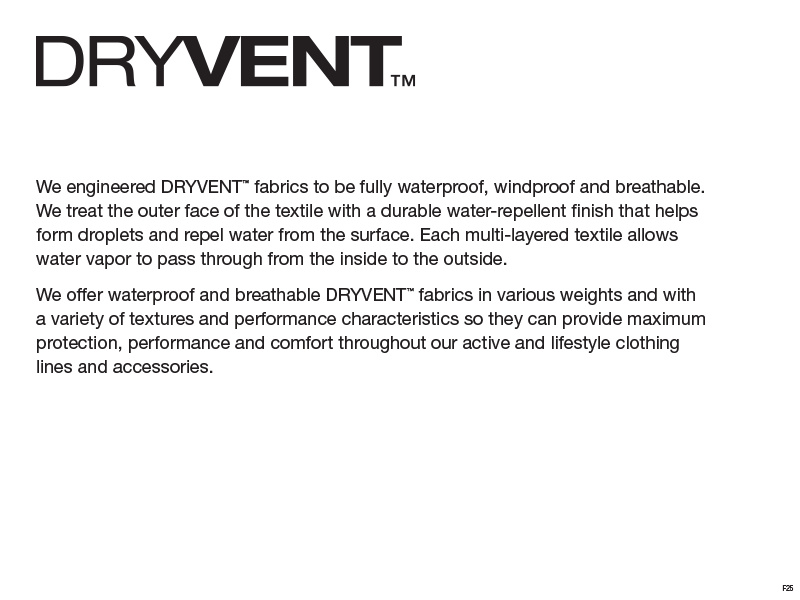 DRYVENT™ fabric technology explanation showing waterproof, windproof and breathable performance for outdoor clothing